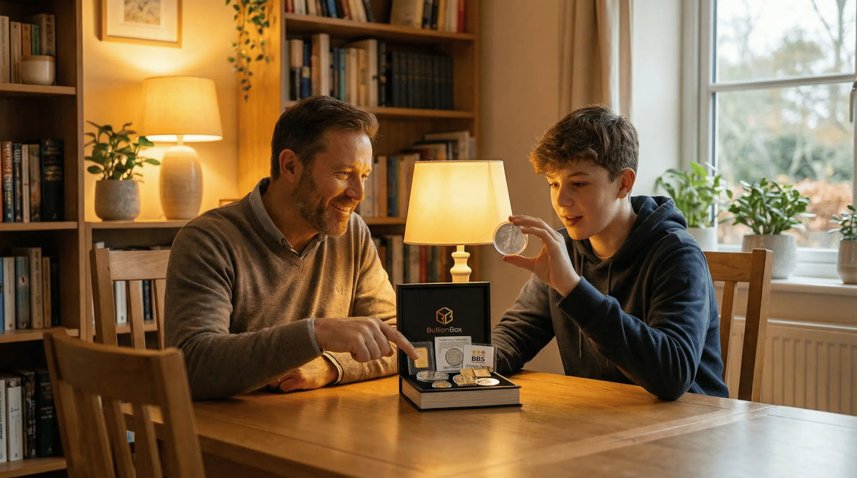Father and son unboxing a BullionBox subscription box together at home