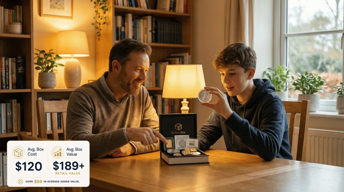 Father and son unboxing a BullionBox subscription box together at home