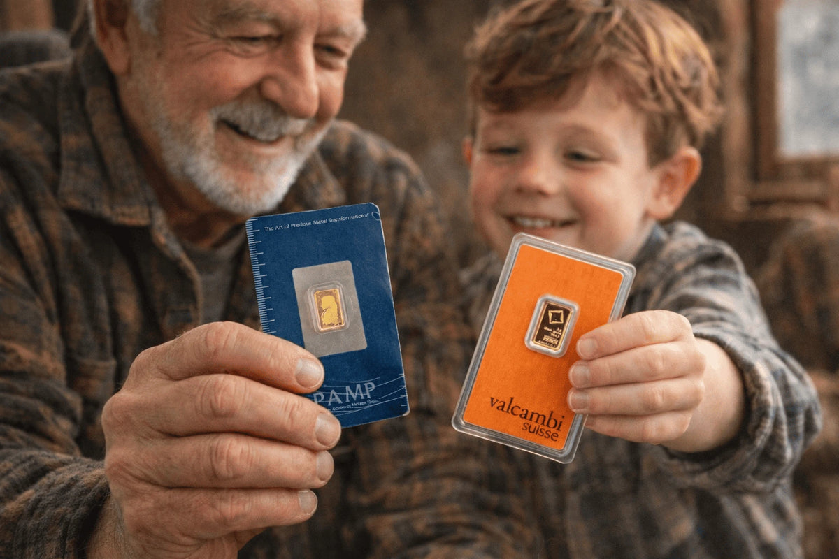 Grandfather and grandson sharing gold bars from PAMP and Valcambi Suisse — building generational wealth together
